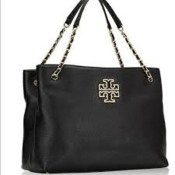 TORY BURCH Britten Pebbled Leather Slouchy Tote Handbag. Black - Picture 1 of 14